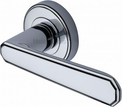 Click Here To Enlarge This Photo Of CEN1924-PC Heritage Brass Door Handle Lever Latch on Round Rose Century Design Polished Chrome Finish