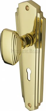 Click Here To Enlarge This Photo Of CHA1900-PB Heritage Brass Mortice Knob on Lock Plate Charlston Design Polished Brass Finish