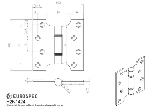 Click Here To Enlarge This Photo Of H2N1424BSS - Carlisle Brass Eurospec 102mm x 102mm x 3mm Parliament Hinges c&sol;w Screws Polished Stainless Steel