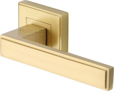 Click Here To Enlarge This Photo Of DEC5430-SB Heritage Brass Door Handle Lever Latch on Square Rose Linear Sq Design Satin Brass Finish