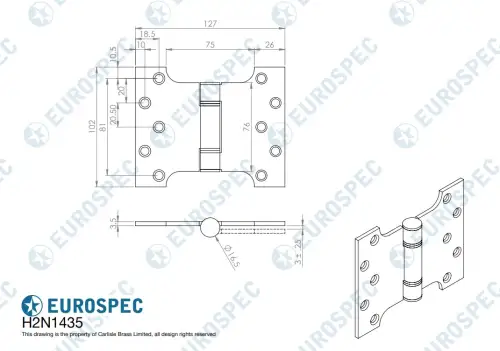 Click Here To Enlarge This Photo Of H2N1435PVD - Carlisle Brass Eurospec 102mm x 127mm x 3mm Parliament Hinges c&sol;w Screws PVD Stainless Brass