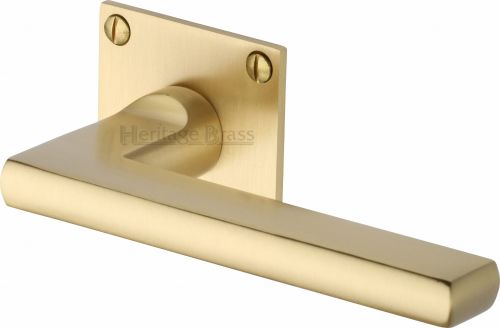 Click Here To Enlarge This Photo Of BAU2910-SB Heritage Brass Door Handle Lever Latch on Square Rose Trident Design Satin Brass Finish