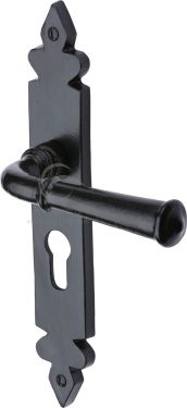 Click Here To Enlarge This Photo Of FB5848 M&period;Marcus Black Iron Rustic Door Handle Euro Profile Plate Ludlow Design