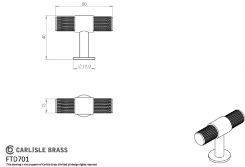 Click Here To Enlarge This Photo Of FTD701AB - Carlisle Brass Fingertip Design Knurled T-Bar Knob 50mm Antique Brass