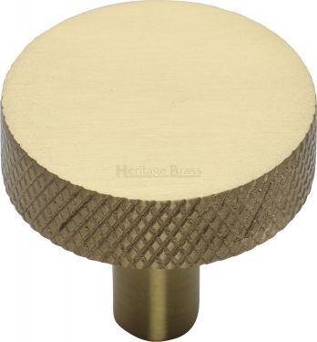 Click Here To Enlarge This Photo Of C3884 32-SB Heritage Brass Cabinet Knob Knurled Disc Design 32mm Satin Brass Finish
