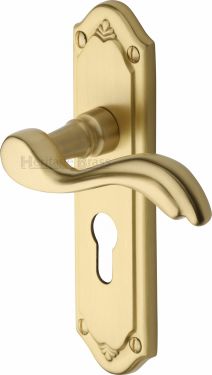 Click Here To Enlarge This Photo Of MM994&period;48-SB Heritage Brass Door Handle For Euro Profile Plate Lisboa Design Satin Brass Finish