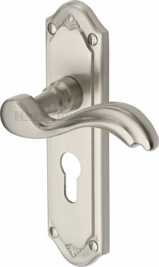 Click Here To Enlarge This Photo Of MM994&period;48-SN Heritage Brass Door Handle For Euro Profile Plate Lisboa Design Satin Nickel Finish
