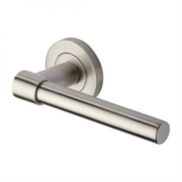 Click Here To Enlarge This Photo Of RS2017-SN Heritage Brass Door Handle Lever on Rose Phoenix Design Satin Nickel Finish