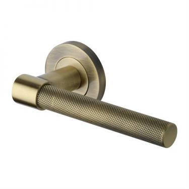 Click Here To Enlarge This Photo Of RS2018-AT Heritage Brass Door Handle Lever on Rose Phoenix Knurled Design Antique Brass Finish