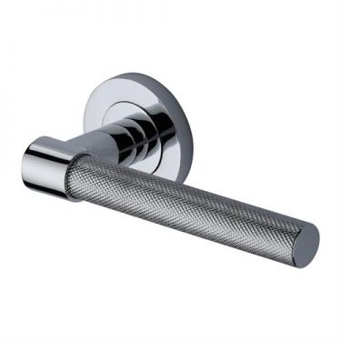 Click Here To Enlarge This Photo Of RS2018-PC Heritage Brass Door Handle Lever on Rose Phoenix Knurled Design Polished Chrome Finish