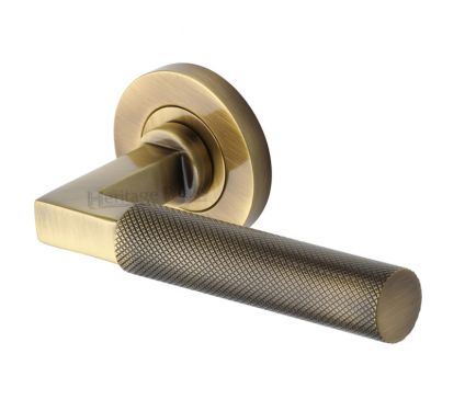 Click Here To Enlarge This Photo Of RS2260-AT Heritage Brass Door Handle Lever on Rose Signac &lpar;Knurled Bauhaus&rpar; Design Antique Brass Finish