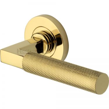 Click Here To Enlarge This Photo Of RS2260-PB Heritage Brass Door Handle Lever on Rose Signac &lpar;Knurled Bauhaus&rpar; Design Polished Brass Finish