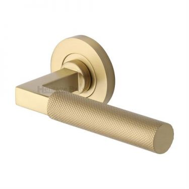 Click Here To Enlarge This Photo Of RS2260-SB Heritage Brass Door Handle Lever on Rose Signac &lpar;Knurled Bauhaus&rpar; Design Satin Brass Finish