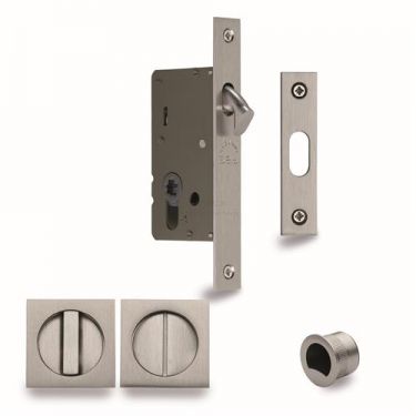 Click Here To Enlarge This Photo Of SQ2308-40-SN Heritage Brass Sliding Door Lock c&sol;w Square Privacy Turns Satin Nickel &lpar;40mm Backset&rpar;