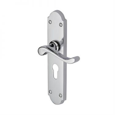 Click Here To Enlarge This Photo Of V757&period;48-PC Heritage Brass Door Handle For Euro Profile Plate Savoy Long Design Polished Chrome Finish