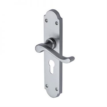Click Here To Enlarge This Photo Of V757&period;48-SC Heritage Brass Door Handle For Euro Profile Plate Savoy Long Design Satin Chrome Finish