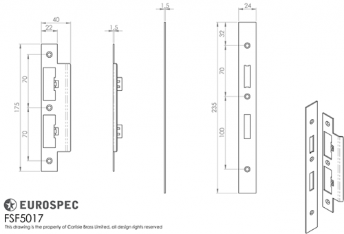 Click Here To Enlarge This Photo Of FSF5017SB Carlisle Brass Eurospec Easi-T Satin Brass Forend Strike & Fixing Pack to Suit Architectural Din Sash&sol;Bathroom Locks &lpar;DLS7260EP&sol;DLS7860WC&rpar;