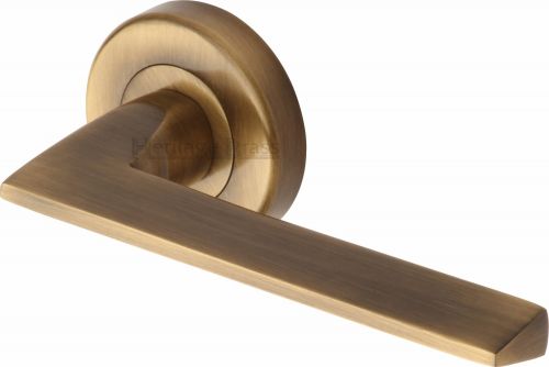 Click Here To Enlarge This Photo Of PYD3535-AT Heritage Brass Door Handle Lever Latch on Round Rose Pyramid Design Antique Brass Finish