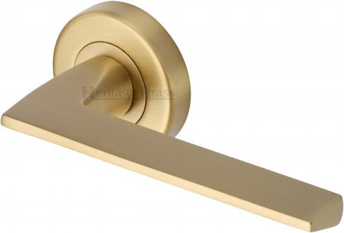 Click Here To Enlarge This Photo Of PYD3535-SB Heritage Brass Door Handle Lever Latch on Round Rose Pyramid Design Satin Brass Finish