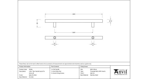 Click Here To Enlarge This Photo Of 50236 From The Anvil Satin SS &lpar;316&rpar; 1800mm T Bar Handle Secret Fix 32mm dia&period;