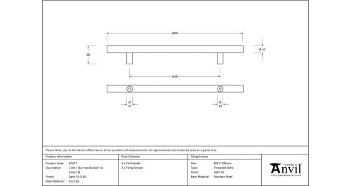 Click Here To Enlarge This Photo Of 50237 From The Anvil Satin SS &lpar;316&rpar; 1800mm T Bar Handle Bolt Fix 32mm dia&period;