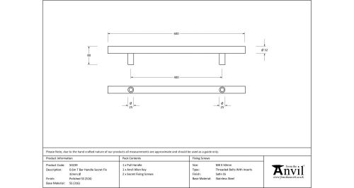 Click Here To Enlarge This Photo Of 50239 From The Anvil Polished SS &lpar;316&rpar; 600mm T Bar Handle Secret Fix 32mm dia&period;