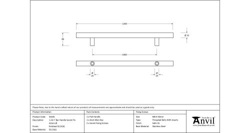 Click Here To Enlarge This Photo Of 50245 From The Anvil Polished SS &lpar;316&rpar; 1200mm T Bar Handle Secret Fix 32mm dia&period;