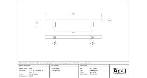 Click Here To Enlarge This Photo Of 50246 From The Anvil Polished SS &lpar;316&rpar; 1200mm T Bar Handle Bolt Fix 32mm dia&period;
