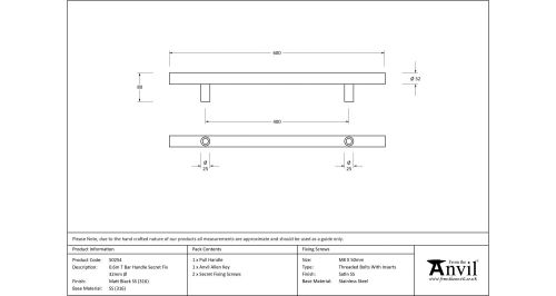 Click Here To Enlarge This Photo Of 50254 From The Anvil Matt Black SS &lpar;316&rpar; 600mm T Bar Handle Secret Fix 32mm dia&period;