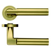 ZPZ030-FSB - Zoo Hardware Stanza 'Milan' Lever Handles on Round Screw on Rose - Favo Satin Brass &lpar;Designer Range&rpar;