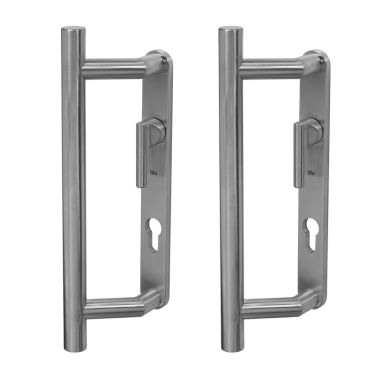 Click Here To Enlarge This Photo Of BLU Performance Patio Door Handle&comma; Back to back handles&comma; Euro cut-out backplates & levers&comma; 316 Satin Stainless Steel &lpar;KM920B-SSS&rpar;