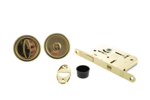 Click Here To Enlarge This Photo Of B046815003 - AGB Sliding Door Bathroom Lock Set with Round Flush Handle - Polished Brass