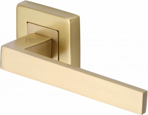 Click Here To Enlarge This Photo Of SQ5420-SB Heritage Brass Door Handle Lever Latch on Square Rose Delta Sq Design Satin Brass Finish