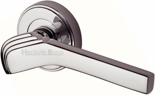 Click Here To Enlarge This Photo Of TIF1926-PNF Heritage Brass Door Handle Lever on Rose Tiffany Design Polished Nickel Finish