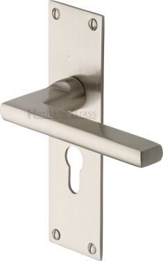 Click Here To Enlarge This Photo Of TRI1348-SN Heritage Brass Door Handle Euro Profile Plate Trident Design Satin Nickel Finish