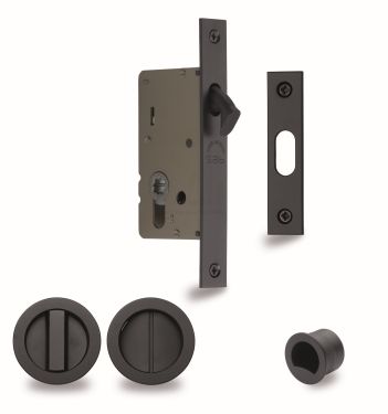 Click Here To Enlarge This Photo Of RD2308-50-BLK Heritage Brass Sliding Door Lock c&sol;w Round Privacy Turns Matt Black &lpar;50mm backset&rpar;