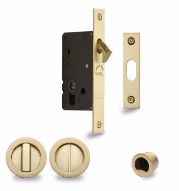 Click Here To Enlarge This Photo Of RD2308-50-SB Heritage Brass Sliding Door Lock c&sol;w Round Privacy Turns Satin Brass &lpar;50mm backset&rpar;