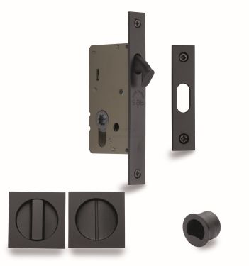 Click Here To Enlarge This Photo Of SQ2308-50-BLK Heritage Brass Sliding Door Lock c&sol;w Square Privacy Turns Matt Black &lpar;50mm backset&rpar;