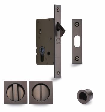 Click Here To Enlarge This Photo Of SQ2308-50-MB Heritage Brass Sliding Door Lock c&sol;w Square Privacy Turns Matt Bronze &lpar;50mm backset&rpar;