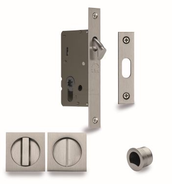 Click Here To Enlarge This Photo Of SQ2308-50-SN Heritage Brass Sliding Door Lock c&sol;w Square Privacy Turns Satin Nickel &lpar;50mm backset&rpar;