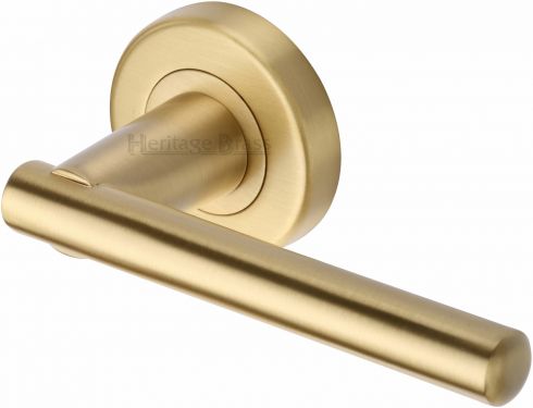 Click Here To Enlarge This Photo Of V1001-SB Heritage Brass Door Handle Lever on Rose Challenger Design Satin Brass Finish