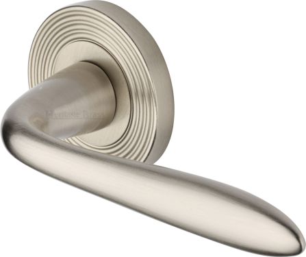 Click Here To Enlarge This Photo Of RR1752-SN Heritage Brass Door Handle Lever Latch on Round Rose Sutton Reeded Design Satin Nickel Finish