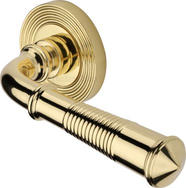 Click Here To Enlarge This Photo Of RR1935-PB Heritage Brass Door Handle Lever Latch on Round Rose Bridgetown Reeded Design Polished Brass finish