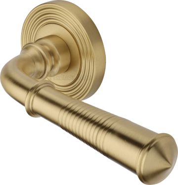 Click Here To Enlarge This Photo Of RR1935-SB Heritage Brass Door Handle Lever Latch on Round Rose Bridgetown Reeded Design Satin Brass finish