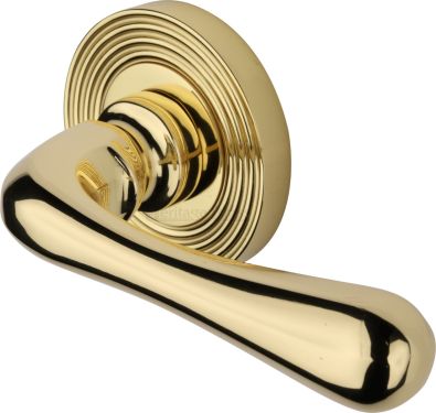 Click Here To Enlarge This Photo Of RR3022-PB Heritage Brass Door Handle Lever Latch on Round Rose Charlbury Reeded Design Polished Brass finish