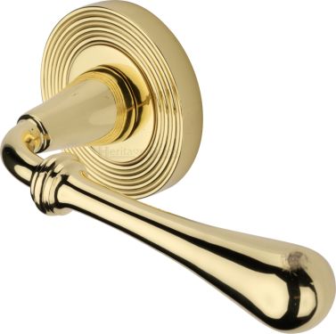 Click Here To Enlarge This Photo Of RR7156-PB Heritage Brass Door Handle Lever Latch on Round Rose Roma Reeded Design Polished Brass finish