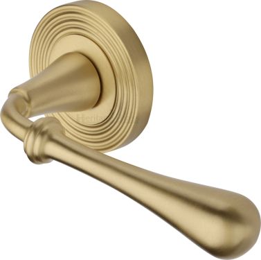 Click Here To Enlarge This Photo Of RR7156-SB Heritage Brass Door Handle Lever Latch on Round Rose Roma Reeded Design Satin Brass finish