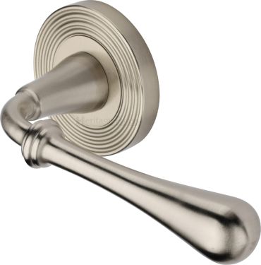 Click Here To Enlarge This Photo Of RR7156-SN Heritage Brass Door Handle Lever Latch on Round Rose Roma Reeded Design Satin Nickel finish