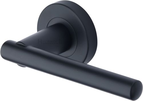 Click Here To Enlarge This Photo Of V1001-BKMT Heritage Brass Door Handle Lever on Rose Challenger Design Matt Black Finish