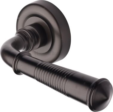 Click Here To Enlarge This Photo Of V1936-MB Heritage Brass Door Handle Lever Latch on Round Rose Colonial Reeded Design Matt Bronze finish